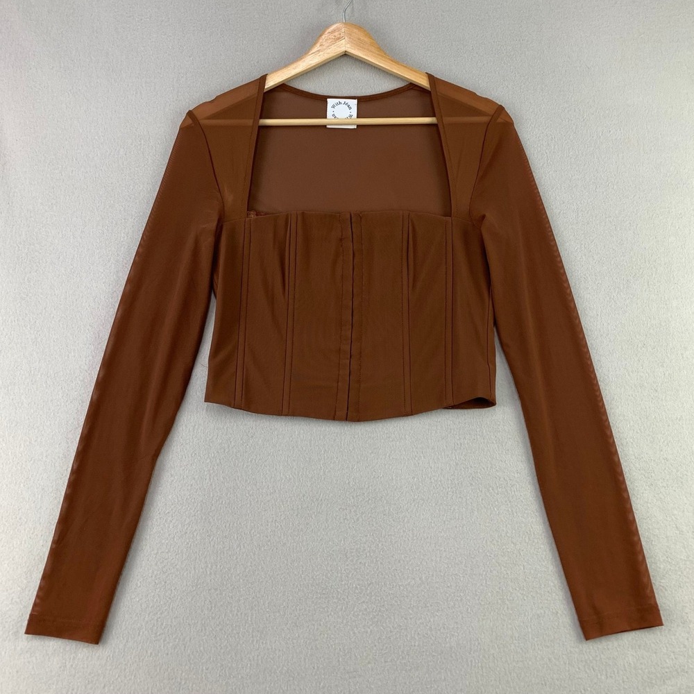 With Jean Top Womens S Brown Corset Sheer Mesh Long Sleeve Hook Eye Crop